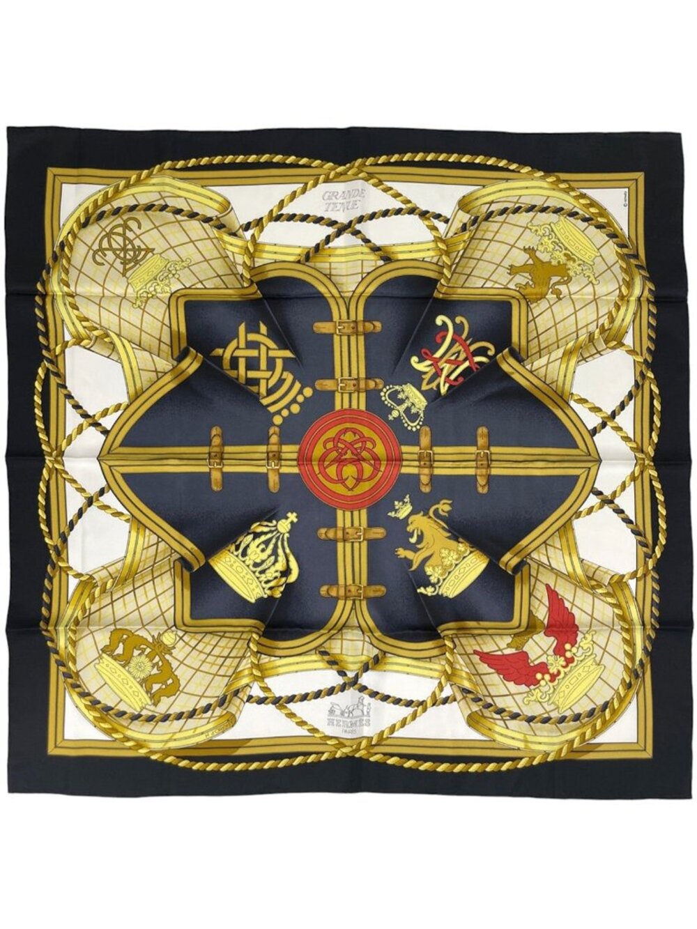 Hermes Carre 90 Grande Tenue Scarf Horse Formal Wear Silk Black Multicolor
